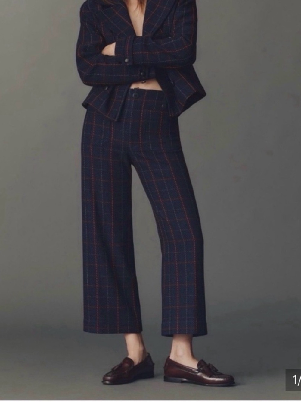 Anthropologie Maeve x @merricksart Colette Crop Knit Pants - Navy / Red Plaid